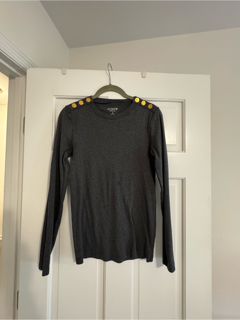 J. Crew Charcoal Crewneck with Gold Shoulder Buttons